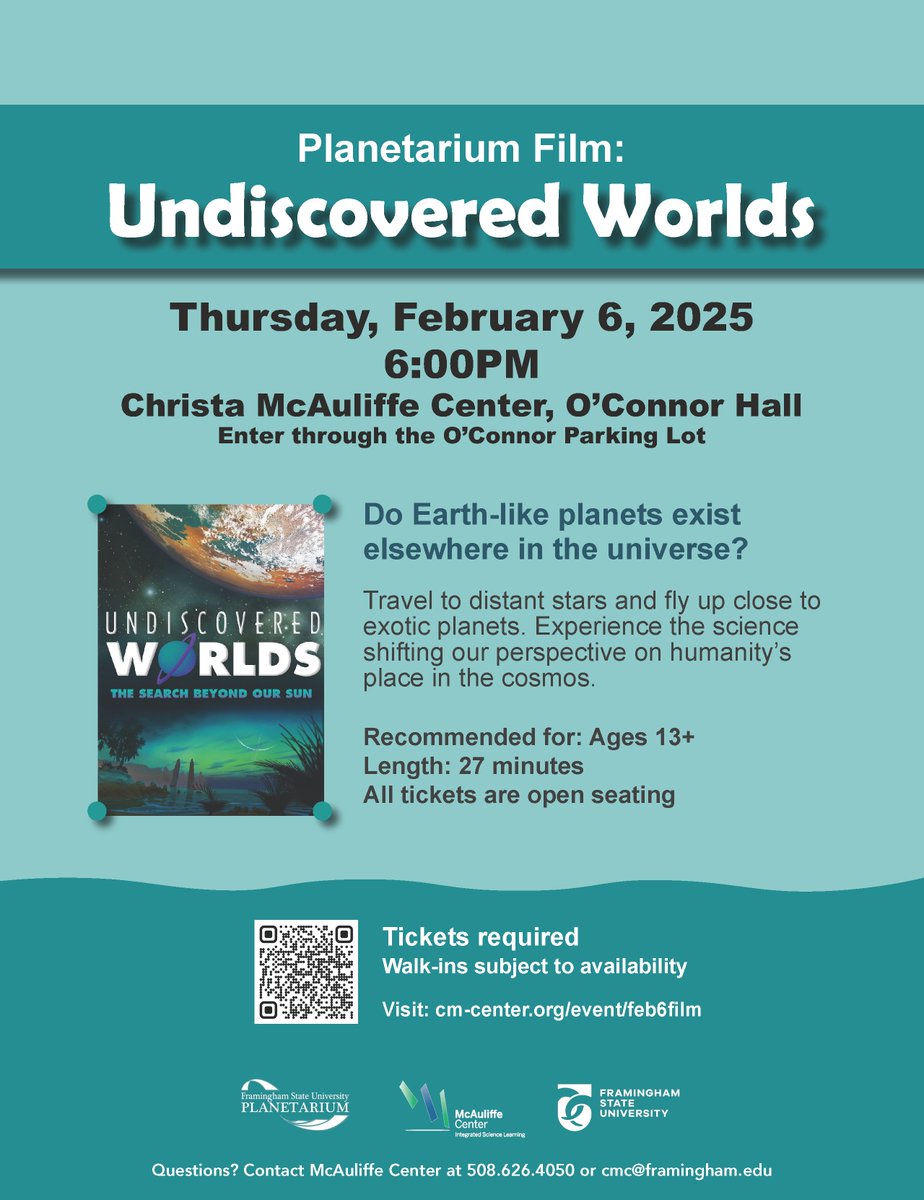 Join us for our first Public Planetarium Film of the year: "Undiscovered Worlds". Tickets now on sale for Thurs., February 6 at 6:00PM. Travel to distant stars and fly up close to exotic planets in the planetarium! 

For tickets, visit: cm-center.org/event/feb6film or link in our bio!