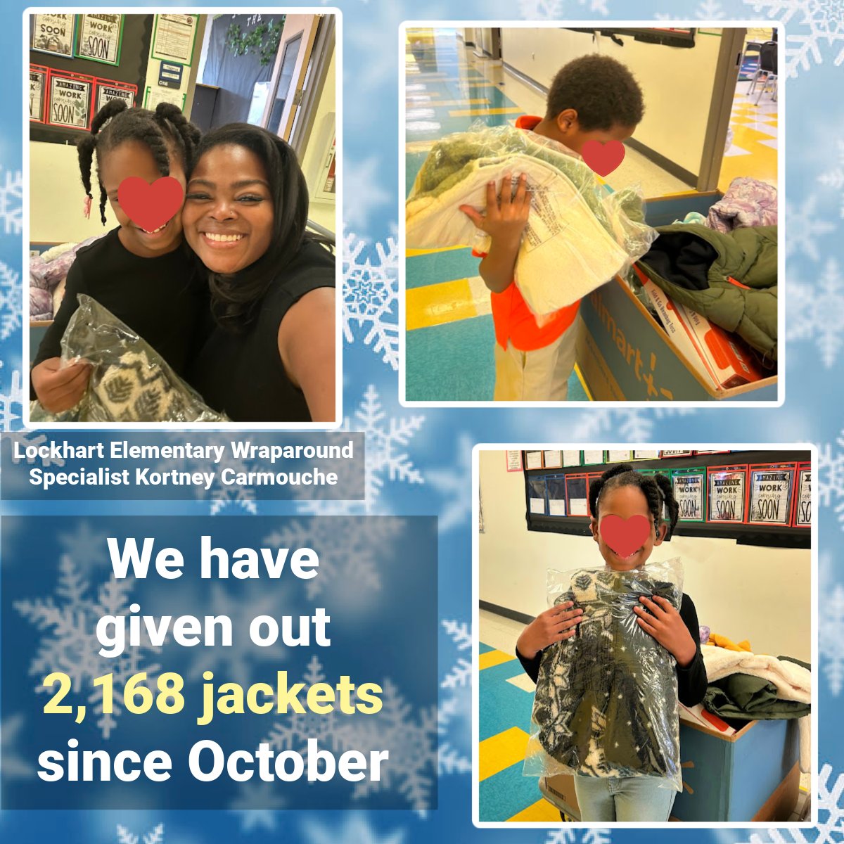 We had distributed 1,744 jackets this school year, but last week we received many requests for more. We were able to quickly obtain &amp; deliver 424 additional jackets before the freeze. Many children in high-poverty areas simply don't have adequate warm clothing. Thank you, donors!