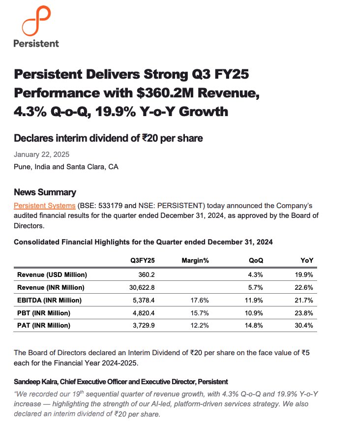 Vismaya9999's tweet image. Persistent systems continues goodshow 👍

#PersistentSystems