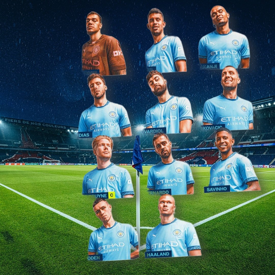 PG4Team's tweet photo. Pep Guardiola's first XI for play  PSG vs Man City crucial UCL game tonight.  

COME ON CITY!  #PSGMCI https://t.co/OsmiO0uLda