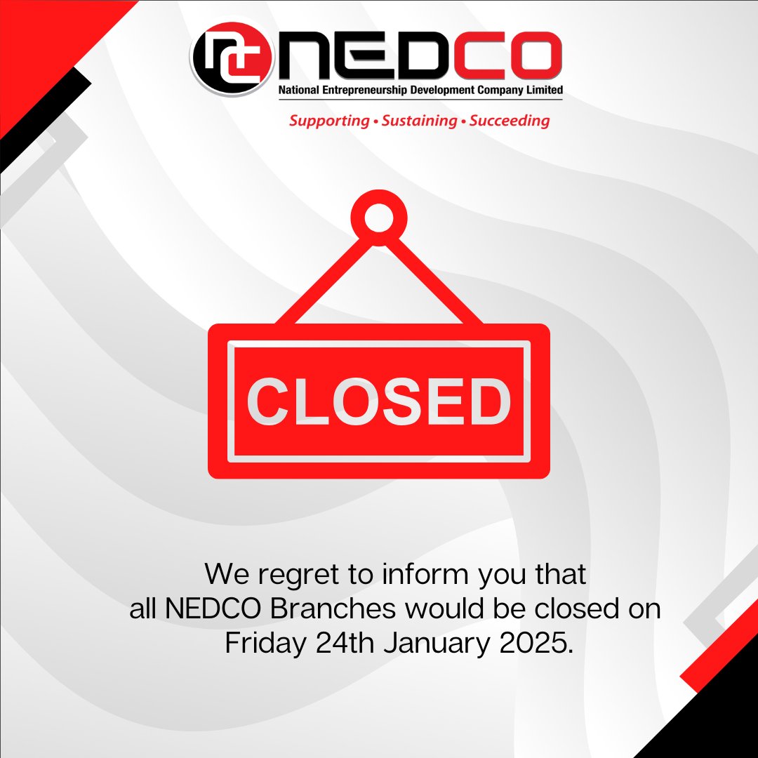NedcoTT's tweet photo. Please be advised that all NEDCO branches will be closed on Friday, 24 January 2025, due to a staff engagement event.

However, we will be offering limited virtual services from 8:00 am to 12:00 pm to assist you with urgent matters.

#NEDCOUpdate #CustomerNotice https://t.co/Z4U0IIpzZq