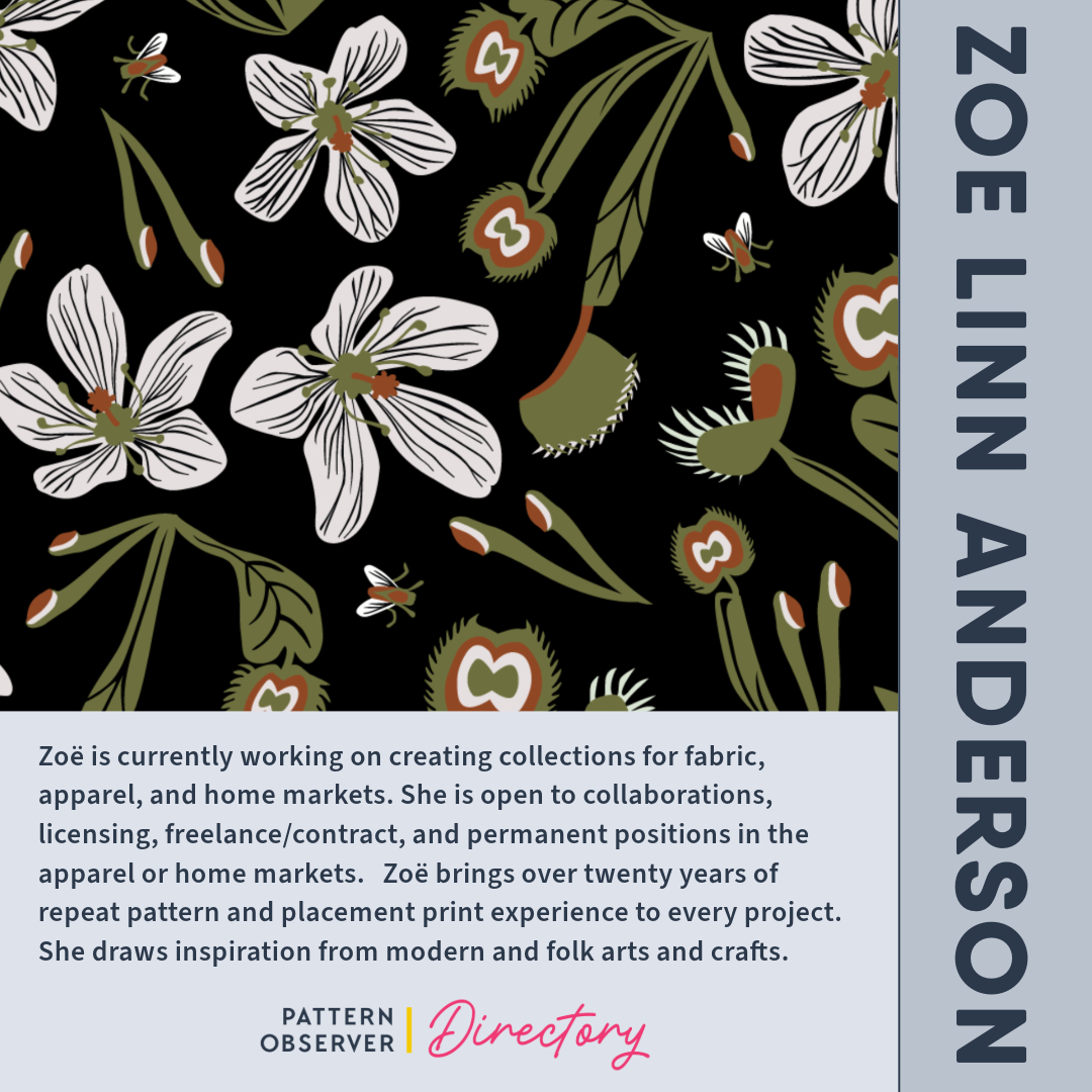 PATTERNOBSERVER's tweet photo. Zoë Linn Anderson works with watercolor, ink, pencil, embroidery, and digital mediums to create prints and patterns for products like fabric, home goods, and apparel. She has her own textile line called Homespun. Check out her directory listing here. https://t.co/kAxWhnD8kx https://t.co/5m5KtkwEsi