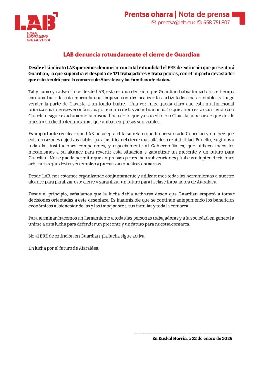 LABaiara's tweet image. ❌ LABek irmoki salatzen du Guardianen itxiera
🔗 labur.eus/MCPuB
❌ LAB denuncia rotundamente el cierre de Guardian
🔗 labur.eus/YZ8PD 

📢 Itxierarik ez!!! 
 @guardianglasseu
Aiaraldeko etorkizunaren defentsan!✊