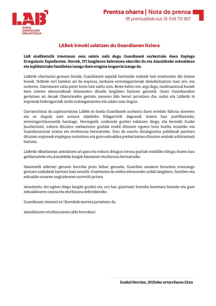 LABaiara's tweet image. ❌ LABek irmoki salatzen du Guardianen itxiera
🔗 labur.eus/MCPuB
❌ LAB denuncia rotundamente el cierre de Guardian
🔗 labur.eus/YZ8PD 

📢 Itxierarik ez!!! 
 @guardianglasseu
Aiaraldeko etorkizunaren defentsan!✊