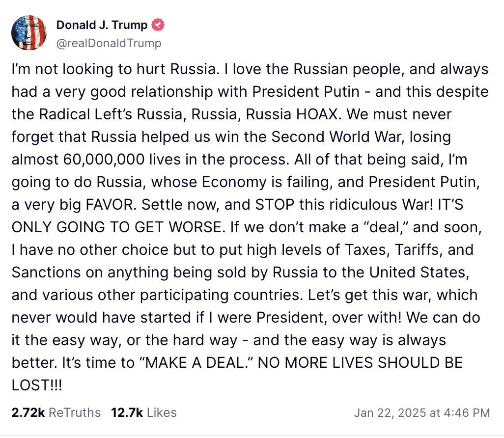 Tendar's tweet photo. President Trump will learn pretty soon that Putin cannot be convinced with money, at least not any more. He is the richest person in Russia already, though he will never say no to more billions, but that wasn't the point of him starting the full scale war in Ukraine. 

The thinking error many are doing, including Trump, however, is that Putin despite his rampant greed is well beyond the point of wealth. For him it is about legacy. His name should be named next to Peter the Great, Catherine the Great or Josef Stalin. He promised to bring Russia to its former "glory" where it was a dominant power. This is the only determining factor in his mind and not a balanced budget.

And that is also Putin's major problem. He hasn't achieved anything what warrants this glory. In the contrary, his war is an absolute failure. Not a single strategic goal was achieved, and I mean literally. Just listing the most important failures:

1.) President Zelenskyy and his administration are firmly in power. Unlike Putin, President Zelenskyy is traveling from country to country with virtual no restrictions, while Putin is basically confined to a handful countries.

2.) Kyiv is firmly under Ukrainian control and not even contested. In March 2022, Russia controlled 27% of Ukraine, today it is below 19%. The Ukrainian army despite some difficulties is fully intact and is fighting even on Russian soil.

3.) Donbas, which has full Russian attention, is largely still under Ukrainian control and even when we project the current speed it will stay this way for years to come.

4.) Russia couldn't take even one regional capital. The only one, Kherson, was even lost. Together with Zaporizhzhia city, it makes two cities by Russian definition are Russian cities.

5.) Almost all investments in energy infrastructure, especially pipelines, have virtually evaporated. What was once Russia's economic pride, Gazprom, has become a beggar and is on the verge go bankrupt. Refineries and gas storages are going in flames, left and right.

6.) Instead of curtailing NATO, Putin achieved to extend the alliance. Sweden and even Finland have further bolstered NATO's northern flank and revived NATO's spirit across all members. Instead of discussing 2%, we are now at 3% or 4% defense budget.

7.) Russia has completely lost his influence in the Caucasus and among the central Asian Turk states. China is moving into the political vacuum and does not even ask Moscow for permission.

8.) Generally, Russia is gradually relegated to be a Chinese vassal state, where it loses gradually all sovereignty. Putin brought Russia closer to what it was under the Golden Horde. Putin has even to import North Korean troops to balance out his horrific losses.

9.) The collapse of the Pro-Russian Assad regime destroyed Russia's strategic foothold in Syria, something what didn't even happened during the 1990s. Russia has virtually not saying in Middle East politics any more and its arm into Africa is severely weakened.

10.) The demographic catastrophe thanks to escalating losses on the battlefield, emigration but also childless families due to economic insecurities has reached levels which haven't ever been seen in Russia. 

I could go on and on, the picture is clear. Russia is in a terrible shape and nobody, not even Putin's most ardent supporters, would name him next to the above mentioned Russian rulers. Putin is a thug who coincidentally got lucky to become president.

I'm pretty sure that Putin is well aware of his shortcomings. He expected this war to be a short affair, and if had his way and Ukraine would have collapsed, there would have been some reason to give him credit. But facts and reality are stubborn things, and they show his monumental miscalculation. 

Coming back to President Trump's demand to halt this war. Russia desperately needs this pause. The economic situation is dire, the Soviet-are depots are running low and problems are starting swing out of control. I said before that we can argue where and when this point might arrive, but it is sure it will arrive. 

Putin, however, would risk quite a lot, personally, if he would order a halt. We know that his maximum demands will never be met, not even by Trump, and Ukraine's demand to have some ironclad security guarantees are not outlandish. It is a must when a ceasefire would be even remotely possible.

Since we know that NATO admission will not be possible due to political obstructions from some members, the only remaining alternative would be a Western intervention into Ukraine, where the line of contact is manned by NATO/European troops. President Zelenskyy will not go below this minimum demand and that is what Ukraine needs.

Putin, on the other hand, knowing very well that this would mean nothing less than a complete and possible last major mistake on his part will most likely reject this compromise. Having Western troops in Ukraine was exactly what he claimed to stop when he started this open war.

And this is exactly where the trap for Putin lies and potentially will spring. Caught by this difficult choice and in desperation Putin might opt to continue the fight, hoping he could still achieve what will not be granted to him by talks and in doing so bringing the Trump administration on a direct collision course with him.

This confrontation is nothing would Trump could afford to lose. It would not only directly undermine his position as a dealmaker, but also make him look weak. President Trump will be forced to respond in kind by unleashing steps which the previous Biden administration wasn't willing to do. Whatever it takes, it will be done.

We had a similar situation back in Syria, when Assad was repeatedly using nerve agents against the Syrian population. While Obama's red lines were exposed as hollow, Trump clearly made sure that he wouldn't repeat this mistake. He even said that he covered Obama's red lines by bombing Assad.

Of course, while my 10 listed points are facts, nobody knows exactly what will happen. This is part of game theory. You collect the data, weigh-in all potential factors and project potential outcomes. My point is that Ukraine has some serious reason to be optimistic. The road ahead is far more riskier for Putin than for Zelenskyy. 

Putin squandered monumental amounts of Russian resources and even worse for him, cannot offer realistic outcomes of an optimistic future. This is especially very concerning for him, when reflecting that even an autocracy needs a stable underbody of opportunists and technocrats who benefit this rule. 

When looking at the options left, it is likely that many Russian oligarchs made already the math, which is that any optimistic outcome will only arrive when the war is getting stopped, but this you will get only when Putin gets removed. Then we are only a heartbeat away from what happened to Gaddafi, the Romanovs or Mussolini.