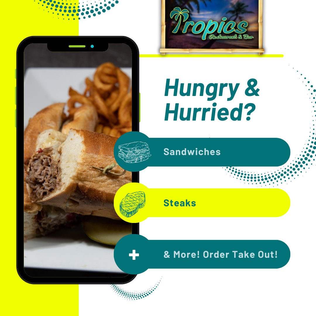 Skip the line and call ahead for takeout! 🚗 Your Tropics meal will be hot, fresh, and ready for you to enjoy at home. #TropicsWV #OrderAhead #TakeoutMadeEasy