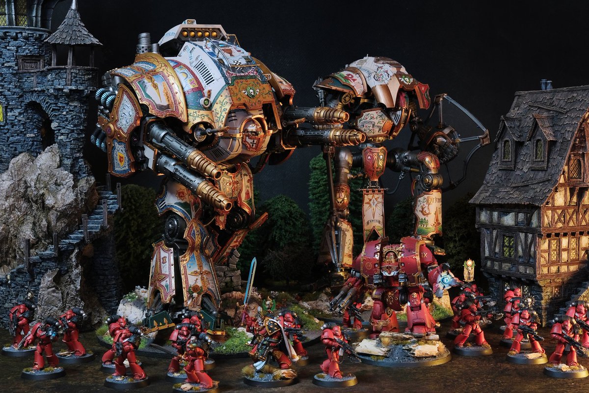 Arthur, Knight Porphyrion of House Pendragon, goes to war alongside Agravain, Knight Lancer of house Pendragon, supported by Blood Angels. #WarhammerCommunity