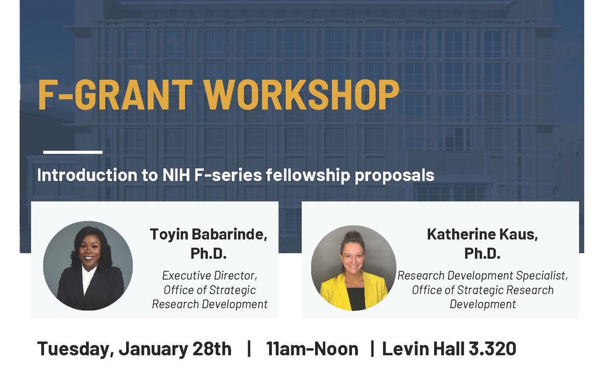 GSBS Trainees:
Join us on Tuesday, January 28th, for a workshop on NIH F-series fellowship proposals.  This session will cover the purpose and eligibility criteria for each grant, provide insights into crafting a competitive application, and offer resources to support your
