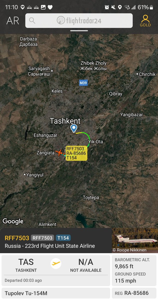 Borrowed7Time's tweet photo. 223rd Flight Unit State Airline Tu-154M RA-85686 #154EB6 as RFF7503 departing Tashkent as part of the Belousov entourage.
@sipjack1776 @thereccelizard @holgidaun @RBbethetruth https://t.co/dGRPFcQrY7