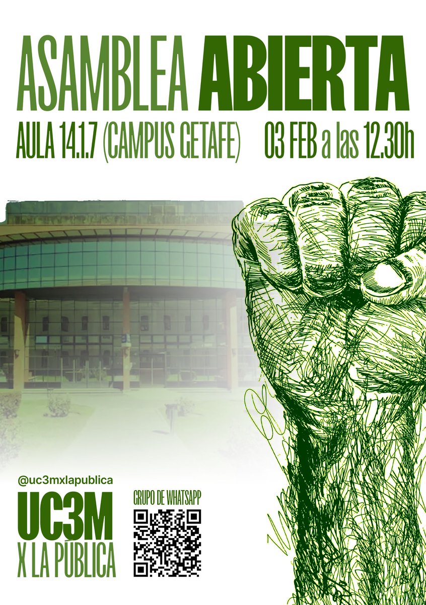 📚🔥Ante el desmantelamiento de la universidad pública nos volvemos a reunir estudiantes y trabajadoras de la UC3M en asamblea abierta

Seguimos luchando!✊🏽❤️‍🔥