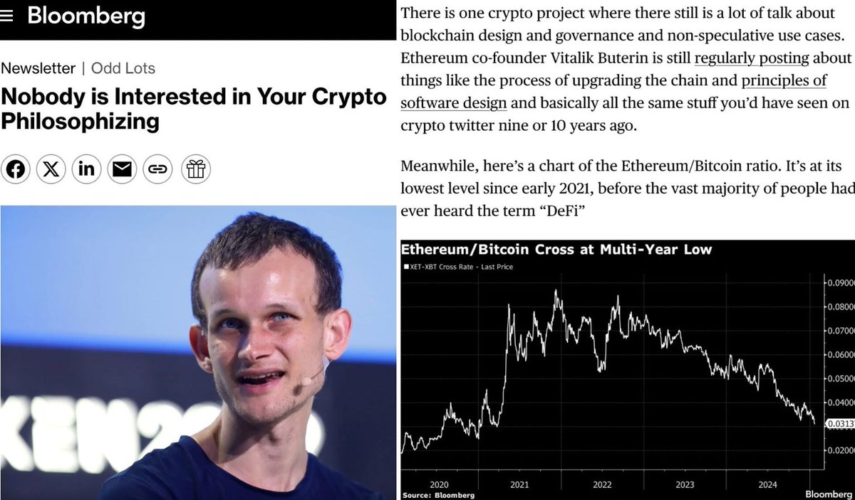 NEW: <a href="/Bloomberg/">Bloomberg</a> ARTICLE WITH <a href="/VitalikButerin/">vitalik.eth</a> THUMBNAIL SAYS “NOBODY IS INTERESTED IN YOUR CRYPTO PHILOSOPHIZING” - DROPS $ETH/ $BTC CHART