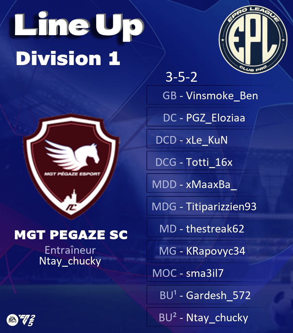 #LINEUP11V11 <a href="/EProLeague11v11/">EPro League</a> 

🏆 #WinterSplit ❄️ S1 J7/8/9

👔 <a href="/Ntay_Chucky/">Ntay_Chucky</a> <a href="/EloziaaS/">Eloziaa</a> <a href="/Insii__JR/">Insigne__24x</a> 

<a href="/Vinsmoke_Ben/">Vinsmoke_Ben</a> 
<a href="/totti_16x/">Totti / MGT Esport</a> 
<a href="/_xKun/">Kun</a> 
<a href="/EloziaaS/">Eloziaa</a> 
<a href="/titiparizzien93/">titiparizzien93</a> 
<a href="/xMaaxBa_/">xMaaxBa</a> 
<a href="/thestreak62/">thestreak62</a> 
<a href="/KRapovyc34/">KR4P__16 🇲🇭</a> 
<a href="/ismx7bn/">ismx7</a> 
<a href="/Gardesh572/">Gardesh572</a> 
<a href="/Ntay_Chucky/">Ntay_Chucky</a> 

#PGZ #MGT <a href="/Mgt13Es/">STRUCTURE MGT</a> <a href="/MGTxNoONo/">MGT-xNoONo_10x</a>