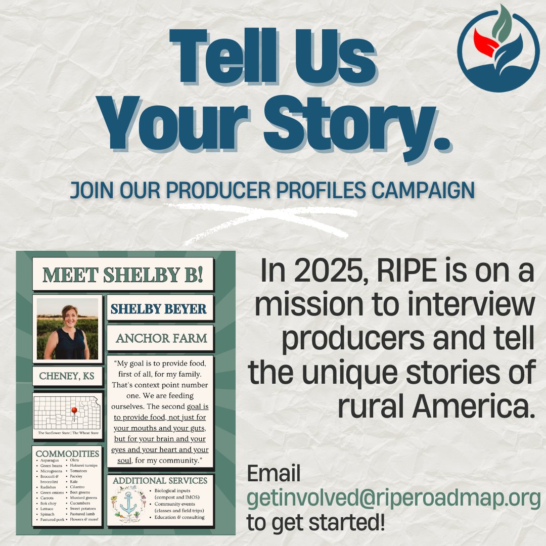 RIPE (@riperoadmap) on Twitter photo Calling all #RegenerativeAgriculture farmers and ranchers! We want to hear your story and amplify your voice. Join our storytelling project which is focused on lifting up the voices of Rural America - email getinvolved@riperoadmap.org to get started.
riperoadmap.org/people Calling all #RegenerativeAgriculture farmers and ranchers! We want to hear your story and amplify your voice. Join our storytelling project which is focused on lifting up the voices of Rural America - email getinvolved@riperoadmap.org to get started.
riperoadmap.org/people