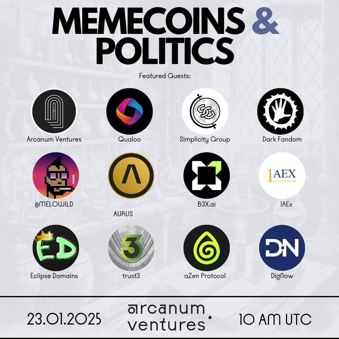 ArcanumVentures's tweet photo. Arcanum Ventures is hosting the first-ever BOOM ROOM Twitter Space with a fantastic guest panel from a wide array of esteemed voices in the startup industry.    

Join us this Thursday at 10am UTC for a discussion on memecoins, $TRUMP, $MELANIA, crypto regulation, and more exciting topics.    

Guests:
@Qualoo_Network
@DigNow_io
@SimplicityWeb3
@TRUST3app
@darkfandomai
@AurusOfficial
@b3xai
@1AssetExchange
@Ecp_Domains
@azen_protocol

Hosts:
@ArcanumVentures
@MELOWILD