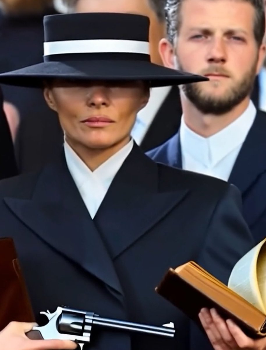 elijahtowery576's tweet photo. I asked ai what was the theme of Melania trumps outfit on Inauguration Day and this is what it showed. A open bible in one hand and a pistol in the other 🔥 https://t.co/EWDsNyT80l