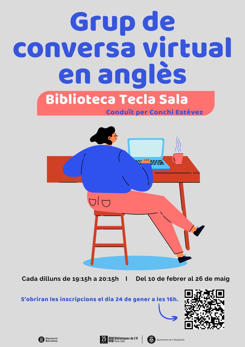 Es reprèn el grup de #ConversaEnAnglès virtual de la #BibTeclaSala conduït per Conchi Estévez 💭

Activitat oberta i gratuïta per millorar el teu anglès oral sense moure't a casa del 10/02 al 26/05.

✍️Inscripcions: ja.cat/anglesvirtual
🗓️Cada dilluns de 19:15h. a 20:15h.