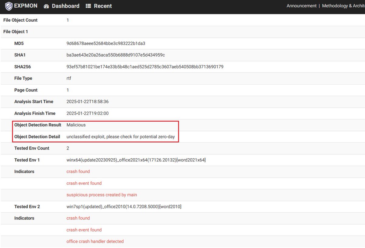 I just noticed the PoC for this fresh critical Outlook/RTF bug (x.com/HaifeiLi/statu…) was shared at github.com/ynwarcs/CVE-20…, so I uploaded it to EXPMON and EXPMON successfully detected it as potential zero-day!

Check it out: pub.expmon.com/analysis/20362…