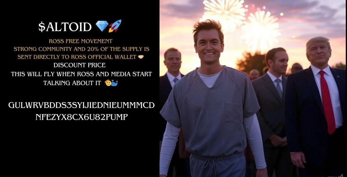 <a href="/MarioNawfal/">Mario Nawfal</a> $ALTOID is here to make waves! 🌊
20% allocation for Ross, and it’s looking strong 🔥
Ape in now and ride the rocket 🚀
This memecoin gem is about to take off 💎
Don’t sleep on $ALTOID secure your spot today! 🙌

GULwrVbDds3syijiedNieummMCDnFezYx8Cx6U82pump