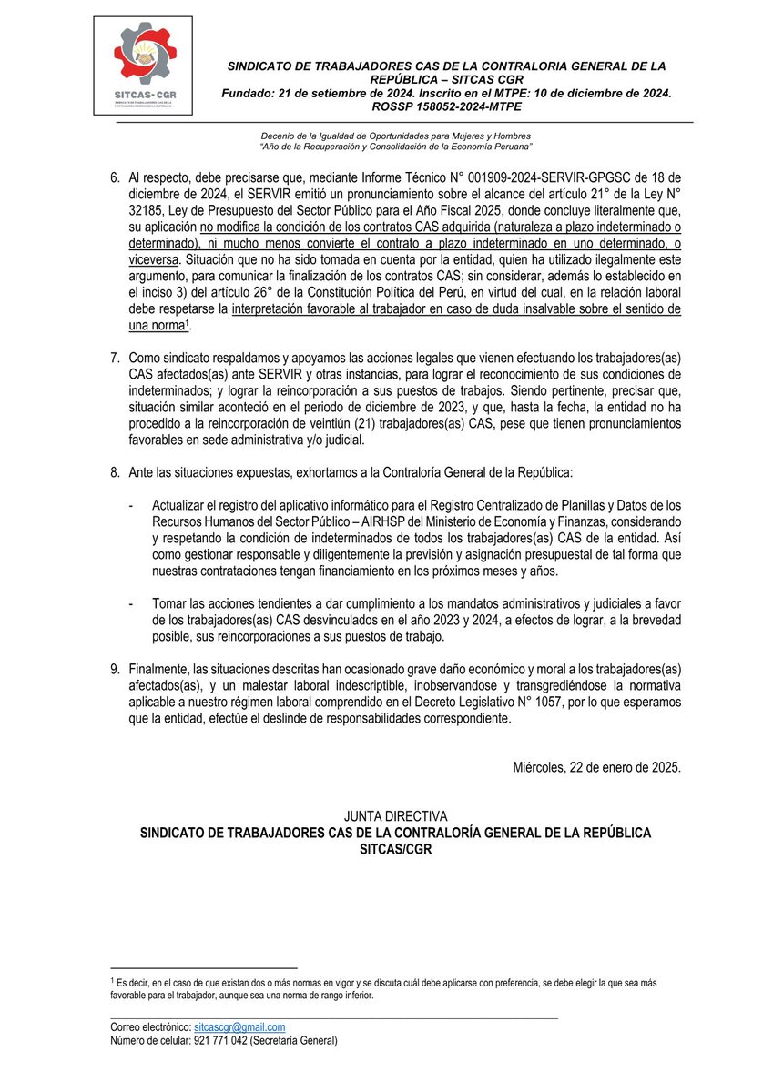 Pronunciamiento N° 001-2025, respecto a la situación del personal CAS de la CGR desvinculado en Diciembre 2024.
<a href="/congresoperu/">Congreso del Perú 🇵🇪</a>
<a href="/ContraloriaPeru/">Contraloría del Perú</a>
<a href="/willaxtv/">Willax Televisión</a>
<a href="/Latina_Noticias/">Latina Noticias</a>
<a href="/atv_noticias/">ATV Noticias</a>
<a href="/RPPNoticias/">RPP Noticias</a>