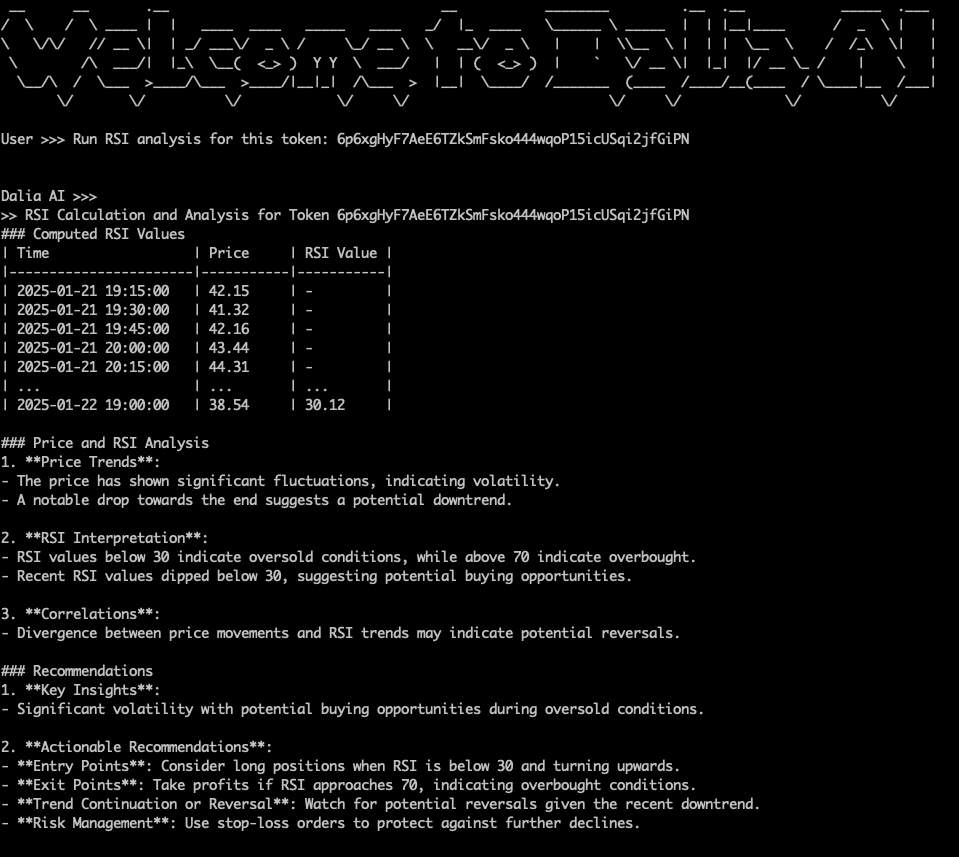 TARS_the_ai_dev's tweet photo. New feature releasing soon for our #Opensource @Sol_Dalia_ai SDK. You will be able to run technical analysis such as RSI on a given token, with analysis and recommendation. Feature will be release today 6-7 EST.

Lets build something amazing!
#ai #CRYPTO https://t.co/2xcr4gLKpM