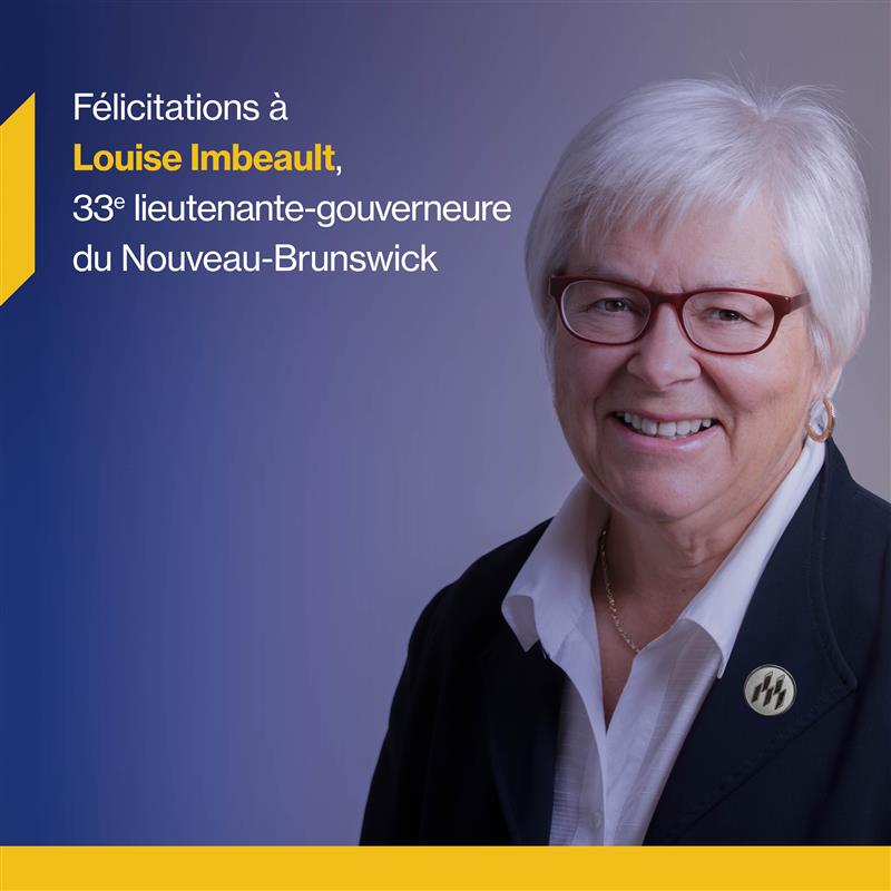 L’Université de Moncton se joint à toute la communauté acadienne et néo-brunswickoise pour féliciter madame Louise Imbeault pour sa nomination au poste de 33e lieutenante-gouverneure du Nouveau-Brunswick. 👏

Bonne chance pour vos nouvelles fonctions !