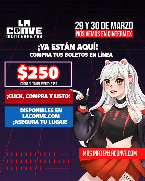 LaConveMTY's tweet photo. 🎟️Compra en línea tu boleto para sábado o domingo, o aprovecha la promoción especial de 2 boletos por solo $300 pesos. 🙌 🛒 Consíguelos ahora en: https://t.co/IWrEHmvp5u
#LaConve #VentaDeBoletos #Promoción #EventoAnime #Cintermex #TodosSomosFans #LaConve63 #LaConveBoletos https://t.co/dnx6nCtPl4