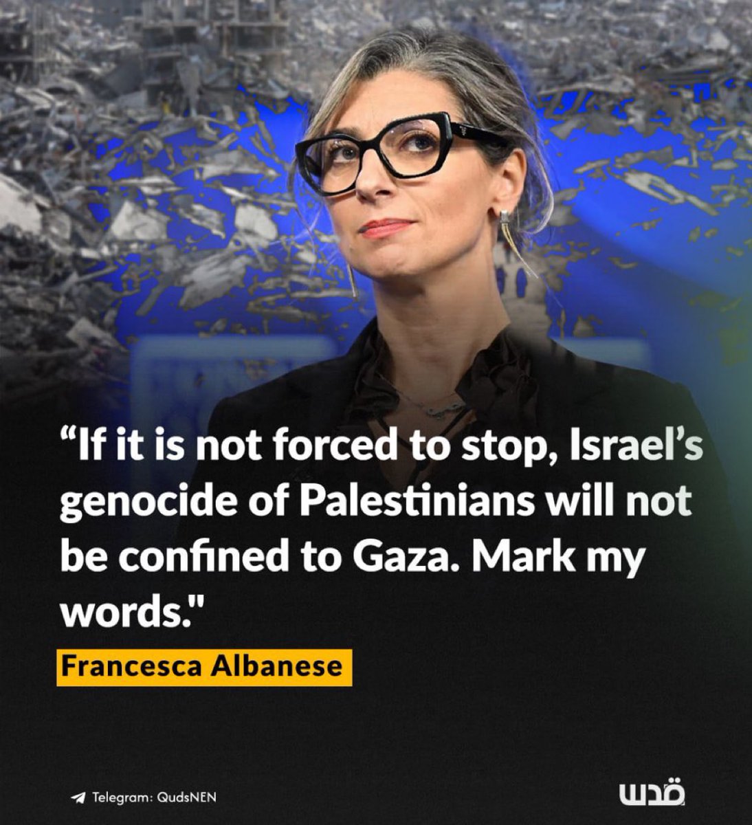swilkinsonbc's tweet photo. If not forced to stop, the Israeli genocide… will not be confined to Gaza: mark my words, says UN’s @FranceskAlbs predicting more war crimes https://t.co/8WNwMOaYZ0
