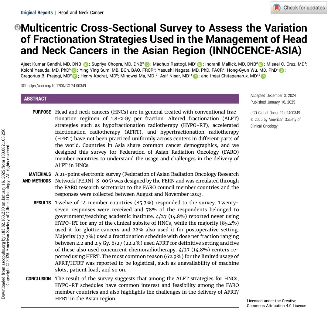 Survey of 12 Asian countries (FARO) shows hypofractionated RT (HYPO-RT) is widely used for head &amp; neck cancers, but logistical barriers limit accelerated (AFRT) &amp; hyperfractionated (HFRT).

Congrats, <a href="/Supriya_Sastri/">@SupriyaChopra</a> for being part of this important study!
tinyurl.com/2s3zk2ey