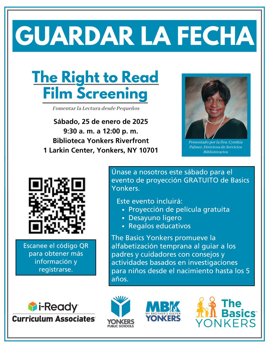 YonkersSchools's tweet photo. Join us this Saturday for a FREE screening of ‘The Right to Read’ documentary at the Yonkers Riverfront Library. As you watch the documentary, you will hear powerful stories from an NAACP activist, a devoted teacher, and two American families who are fighting for everyone’s right to read. This event is in collaboration with MBK Yonkers, i-Ready Curriculum Associates, and the Basics Yonkers. Let’s champion the right to read together! Register here: https://t.co/51JW4SIvBs
 
🔹 Date: January 25, 2025
🔹Time: 9:30 AM
🔹Location: Yonkers Riverfront Library

#EarlyLiteracy #RightToRead #ReadingRainbow #YonkersPublicSchools