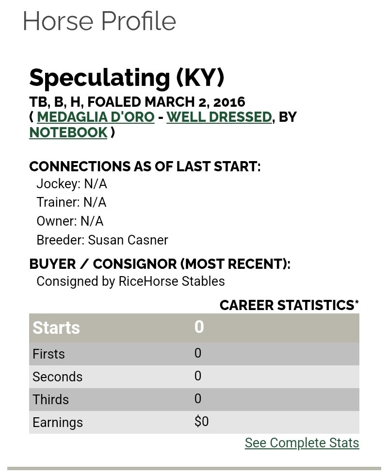 An example for numerous stallions throughout N.A. &amp; committee having access today to a <a href="/AssiniboiaDowns/">Assiniboia Downs</a> story with headline "exciting young sire". Not too exciting. 
Speculating has only 1 to race from an entire crop &amp; that horse has not won. No surprise since he never raced.