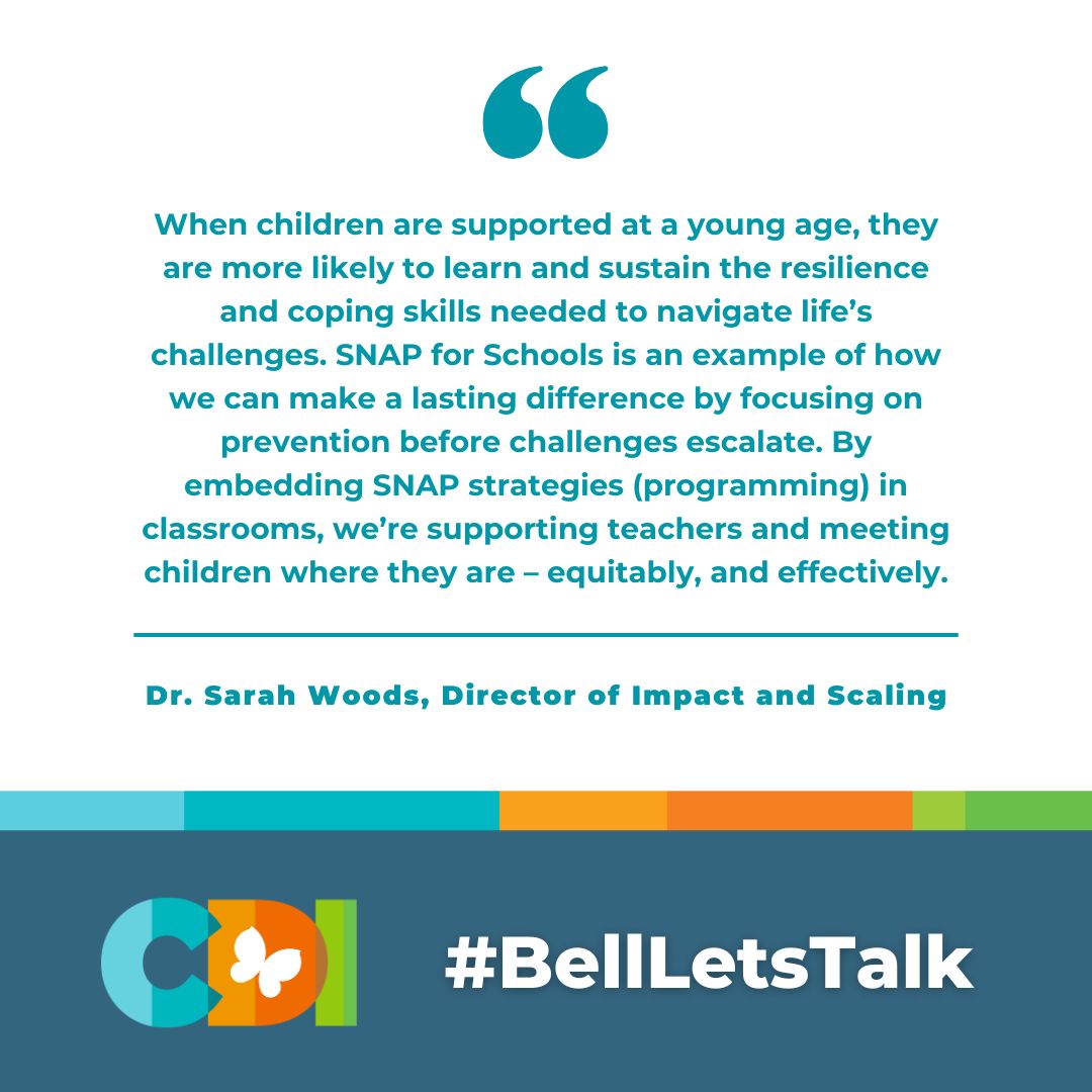 CDI’s SNAP® for Schools program brings evidence-based techniques directly into classrooms, teaching students in grades 2-5 how to regulate emotions, problem-solve, and more.

This #BellLetsTalk day, learn more about CDI’s prevention-focused programming: childdevelop.ca/snap/
