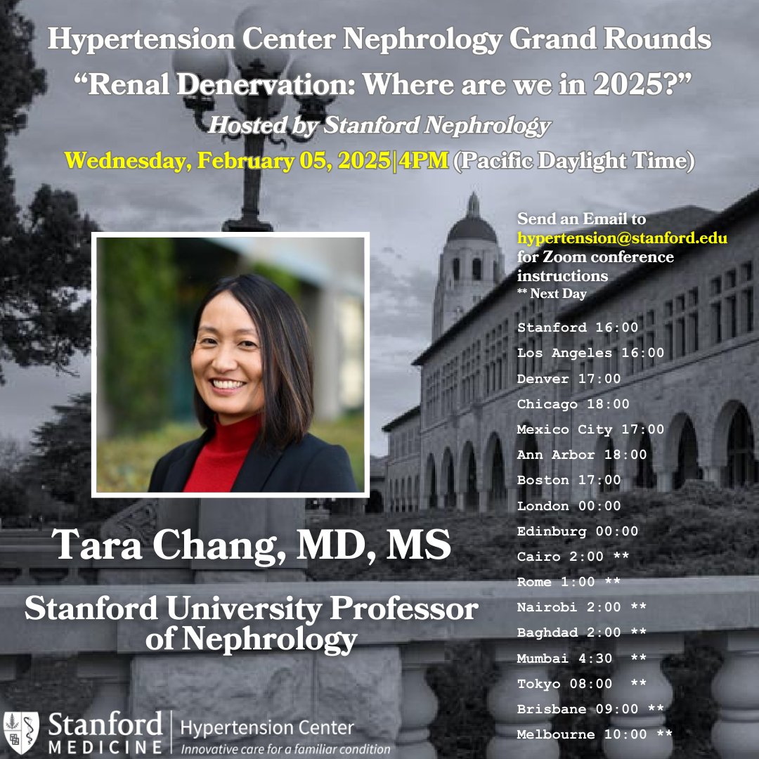 Stanford_HTN_Center (@stanford_htn) on Twitter photo Join us Wednesday, February 5th 4:00PM - 5:00PM for a #Hypertension conference: "Renal Denervation: Where are we in 2025?" with Dr. Tara Chang!
<a href="/StanfordNeph/">Stanford Nephrology</a>
Please email hypertension@stanford.edu for zoom instructions. Join us Wednesday, February 5th 4:00PM - 5:00PM for a #Hypertension conference: "Renal Denervation: Where are we in 2025?" with Dr. Tara Chang!
<a href="/StanfordNeph/">Stanford Nephrology</a>
Please email hypertension@stanford.edu for zoom instructions.