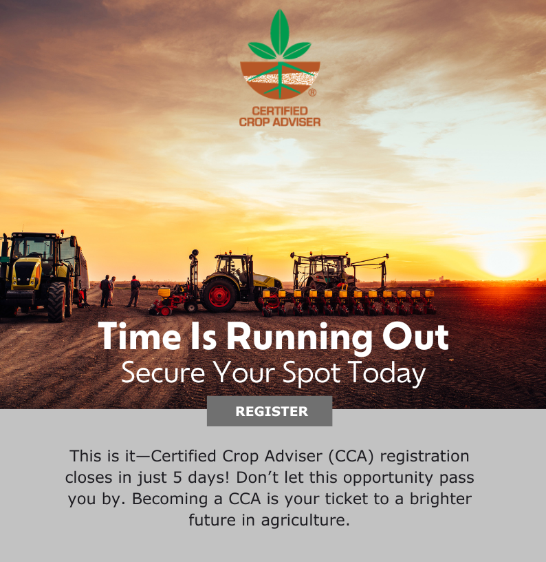 IndianaCCA's tweet image. The Indiana CCA Exam Registration deadline is in 5 days! The CCA Program is established as a benchmark for agronomy professionals that provides base-level standards for agronomic knowledge through a national and regional testing process.
Register, at: certifiedcropadviser.org/exams
