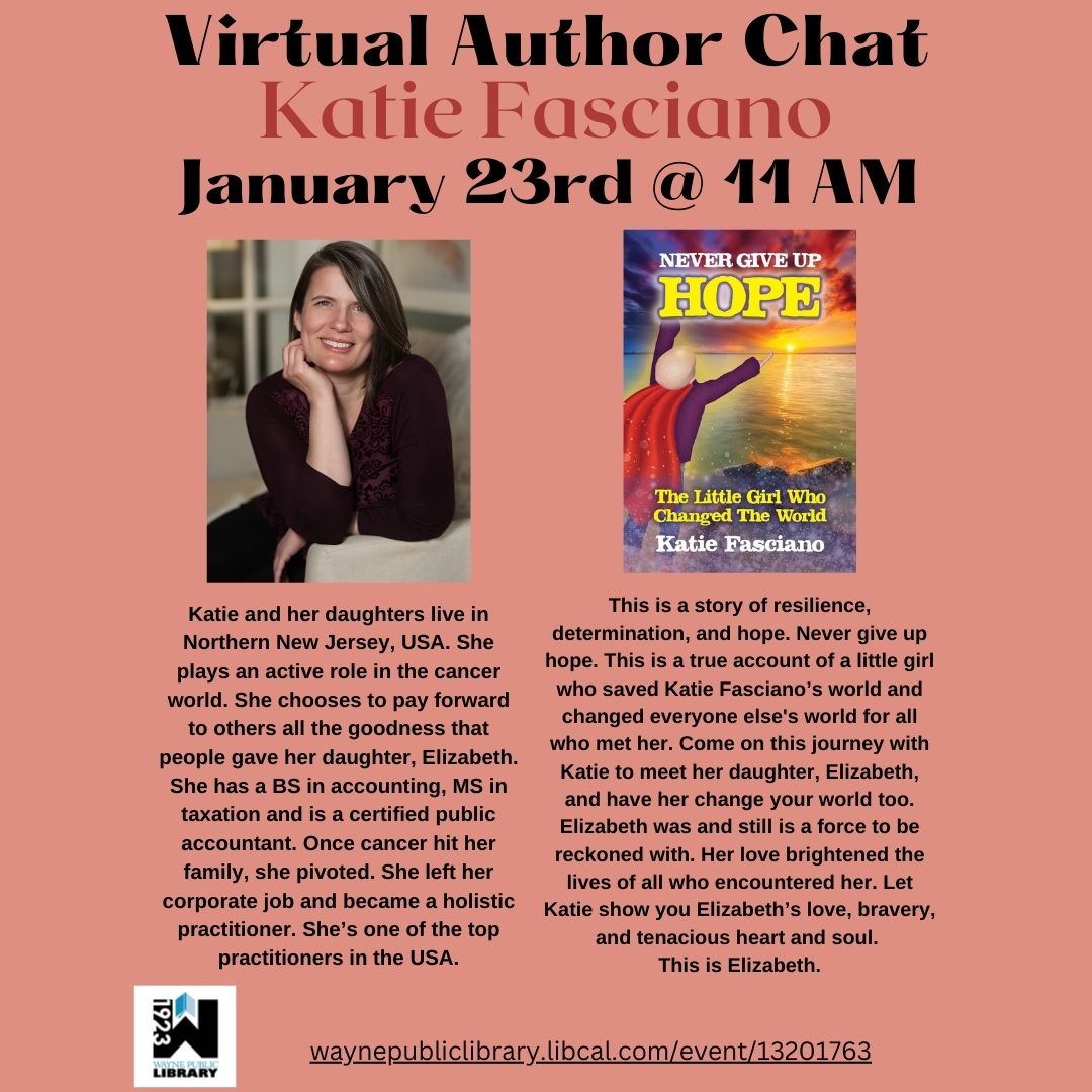 Join us tomorrow at 11 AM for a chat with local author, Katie Fasciano.  The link to the chat can be found here - waynepubliclibrary.libcal.com/event/13201763…