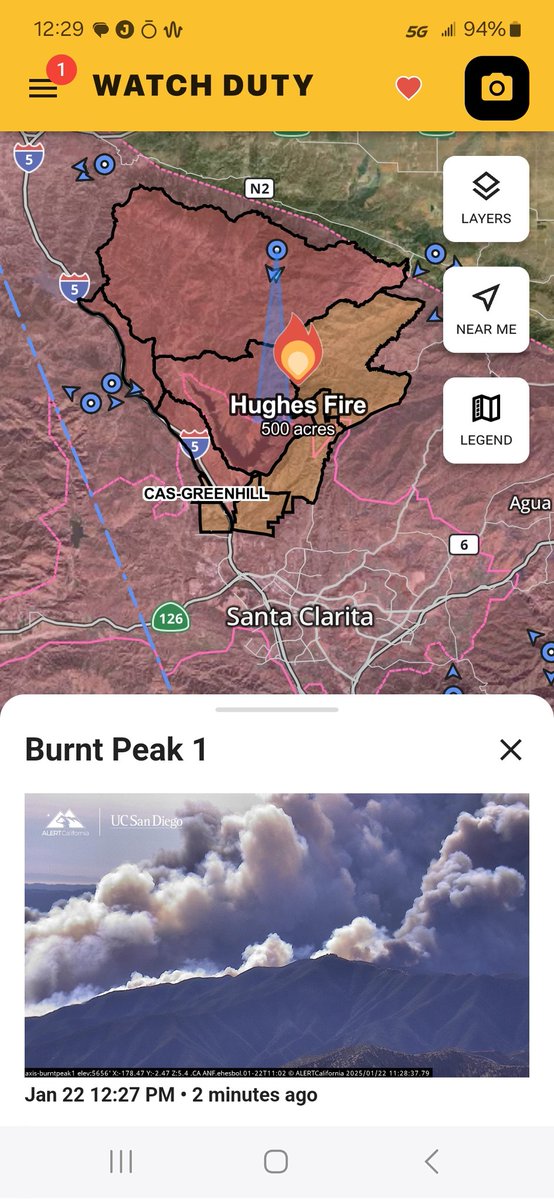 New #HughesFire now spreading rapidly to W/SW toward I-5 corridors near Castaic, with expanding evacuation amid red flag condition continuing. #CAwx #CAfire