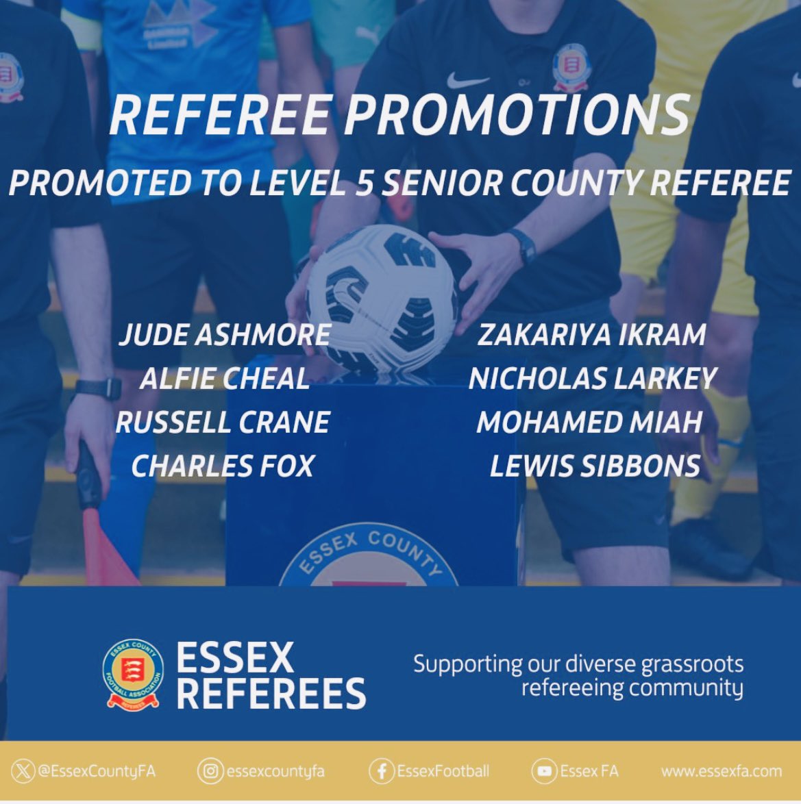 COLEBROOK ROYALS FC (@colebrookroyals) on Twitter photo Congratulations to one of our own Alfie Cheal. Refeee Promotion to Level 5 - Well deserved ๐๐ <a href="/EssexCountyFA/">Essex County FA</a> <a href="/echoleague/">@echoleague</a> Congratulations to one of our own Alfie Cheal. Refeee Promotion to Level 5 - Well deserved ๐๐ <a href="/EssexCountyFA/">Essex County FA</a> <a href="/echoleague/">@echoleague</a>
