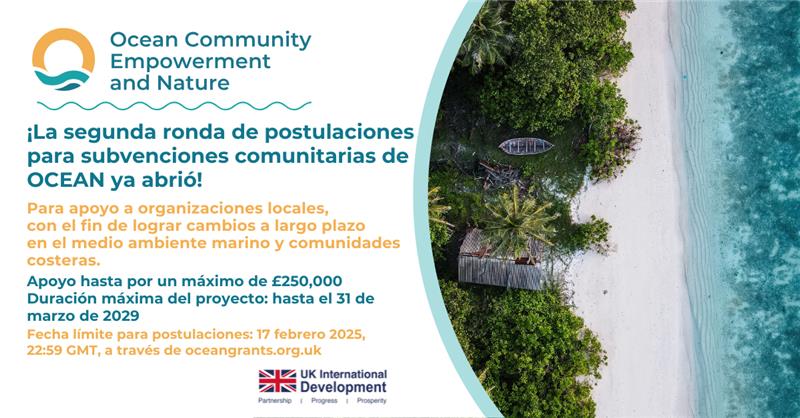 UKinEcuador's tweet photo. La segunda ronda del programa de subvenciones OCEAN está abierta para apoyar iniciativas locales que promuevan cambios a largo plazo en el en el medio ambiente marino y comunidades costeras, que integren la igualdad de género, discapacidad e inclusión social.
#LATAC4Climate
Más información en https://t.co/O4hWBNbyr7