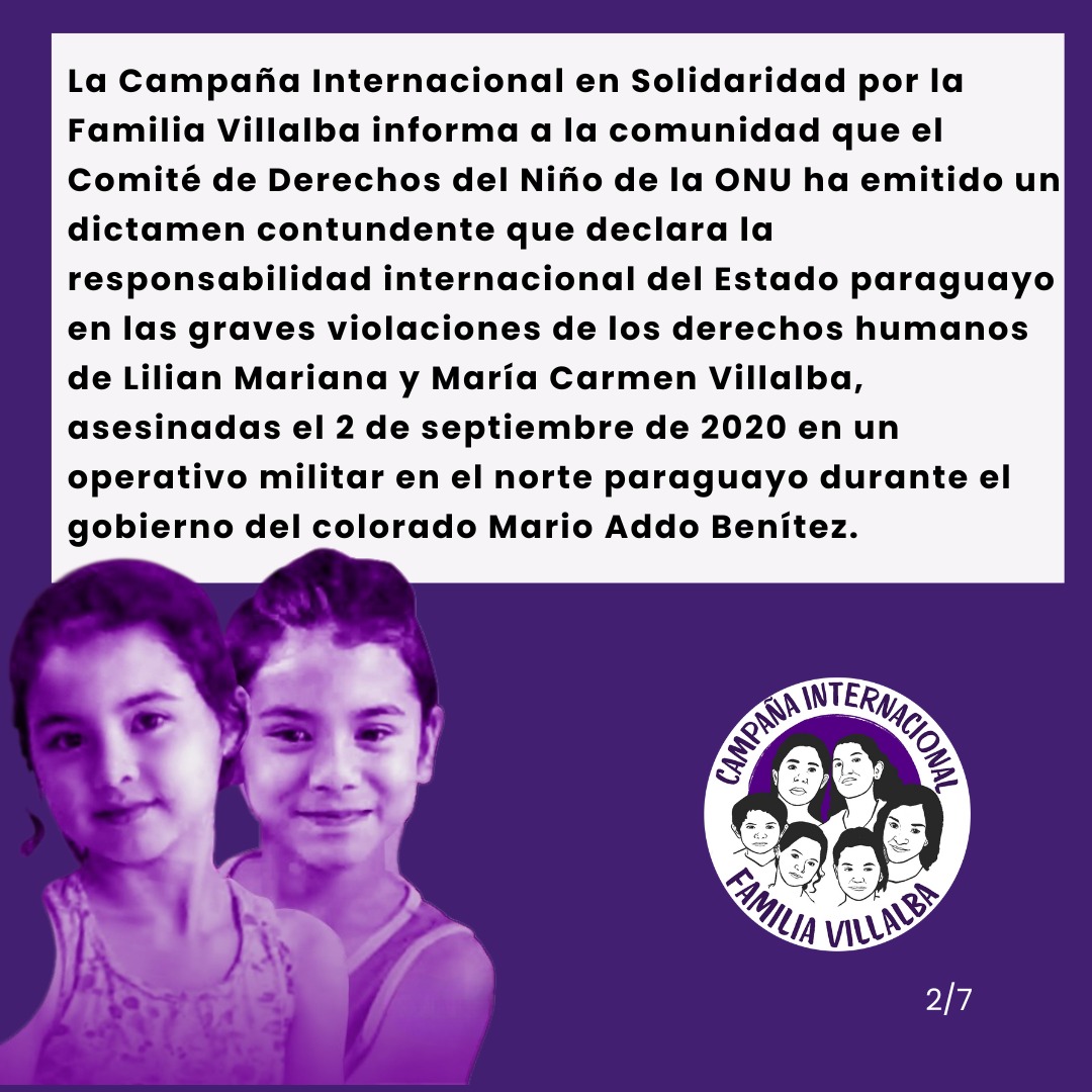 CIFliaVillalba's tweet photo. 🧵La ONU responsabiliza al Estado paraguayo por el asesinato de Lilian y María Villalba, niñas víctimas de un operativo militar.

 Justicia y solidaridad con la familia Villalba. https://t.co/FXORuDOU2u