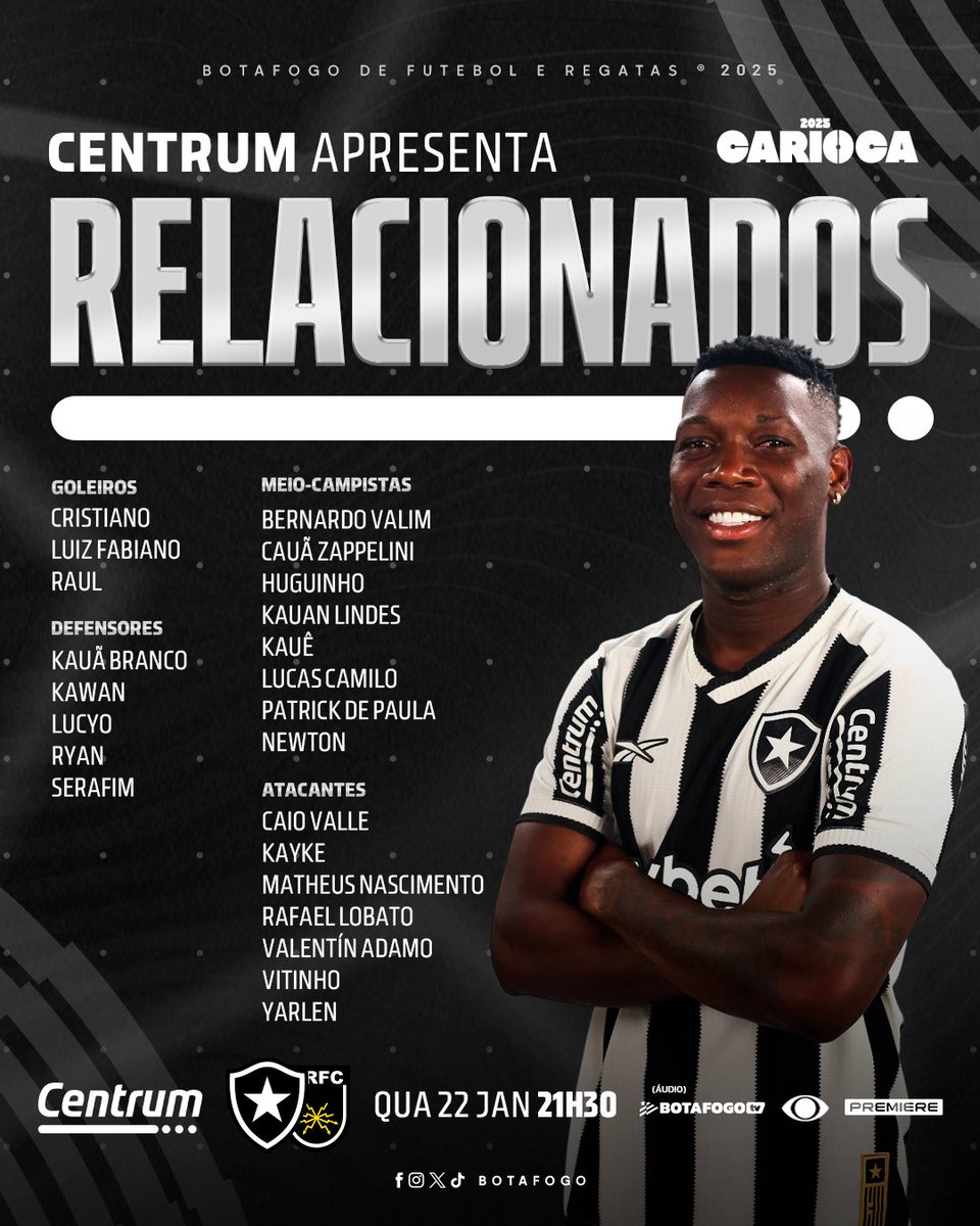Botafogo's tweet photo. Atletas relacionados para o jogo com o Volta Redonda, às 21h30, no Estádio Nilton Santos, pelo Campeonato Carioca. 📄🔥 #VamosBOTAFOGO https://t.co/QMbRmeInqg