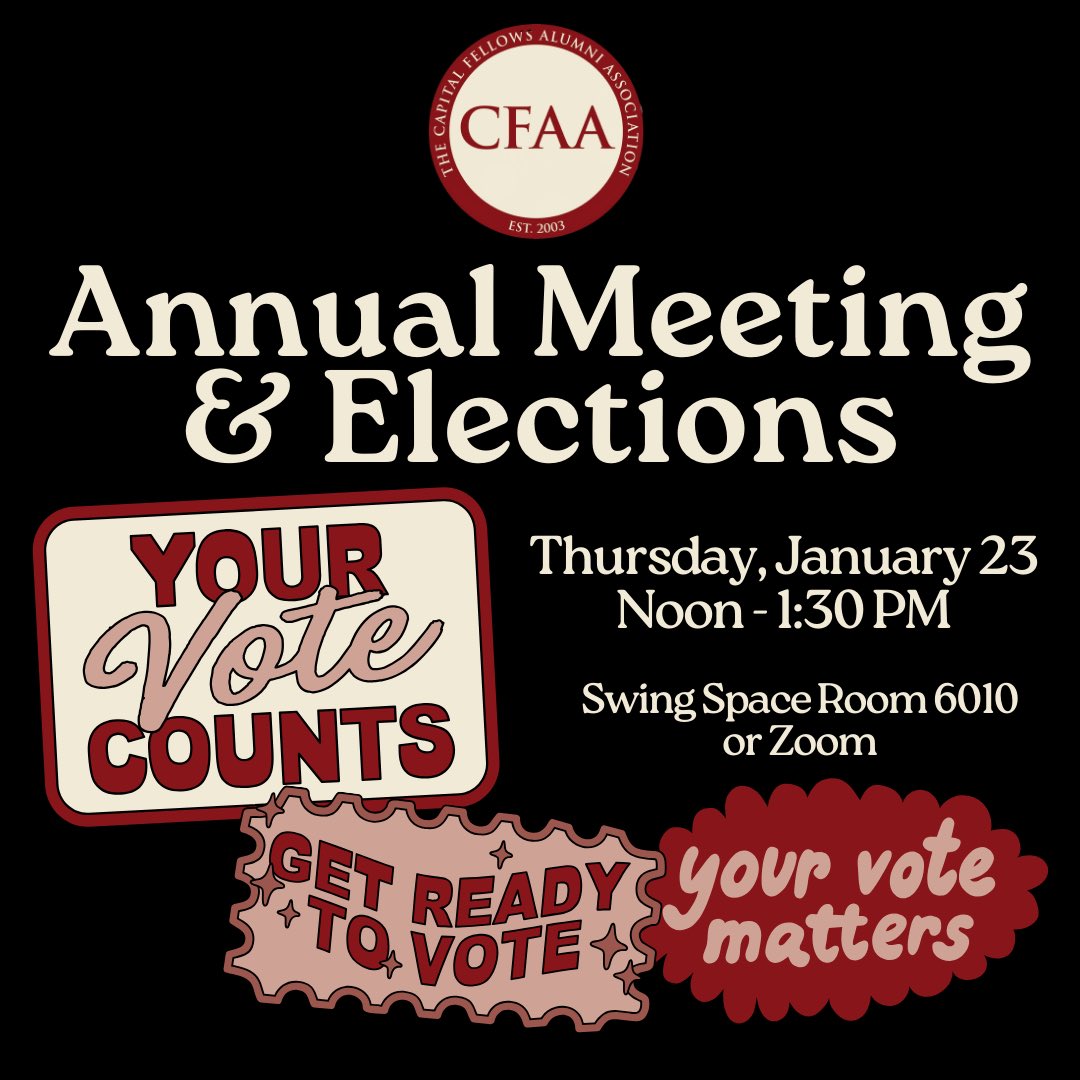 CFAA’s Annual Meeting &amp; Elections will take place tomorrow, January 23 from 12-1:30 PM. You can join and vote in person in Swing Space 6010 or remotely via Zoom. There’s still time to nominate yourself or someone else for a position. You can find the Zoom at the link in our bio!