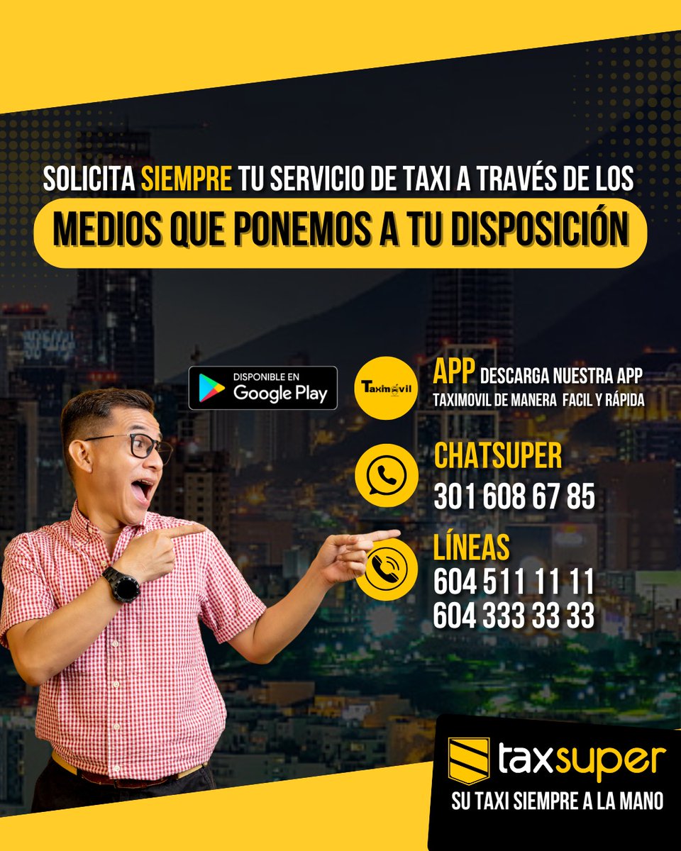 TaxSuper1's tweet photo. ¿Necesitas un taxi?🚖📲 ¡Es fácil y rápido! Solicita tu servicio ahora a través de nuestros medios disponibles. ¡te llevamos a tu destino con confianza y comodidad! 
#taxis #taxista #taxsuper #medios #medellin #antioquia #conductor
☎️ 6045111111
📲 +57 45111111
📱+57 3016086785 https://t.co/9URLeTImMD
