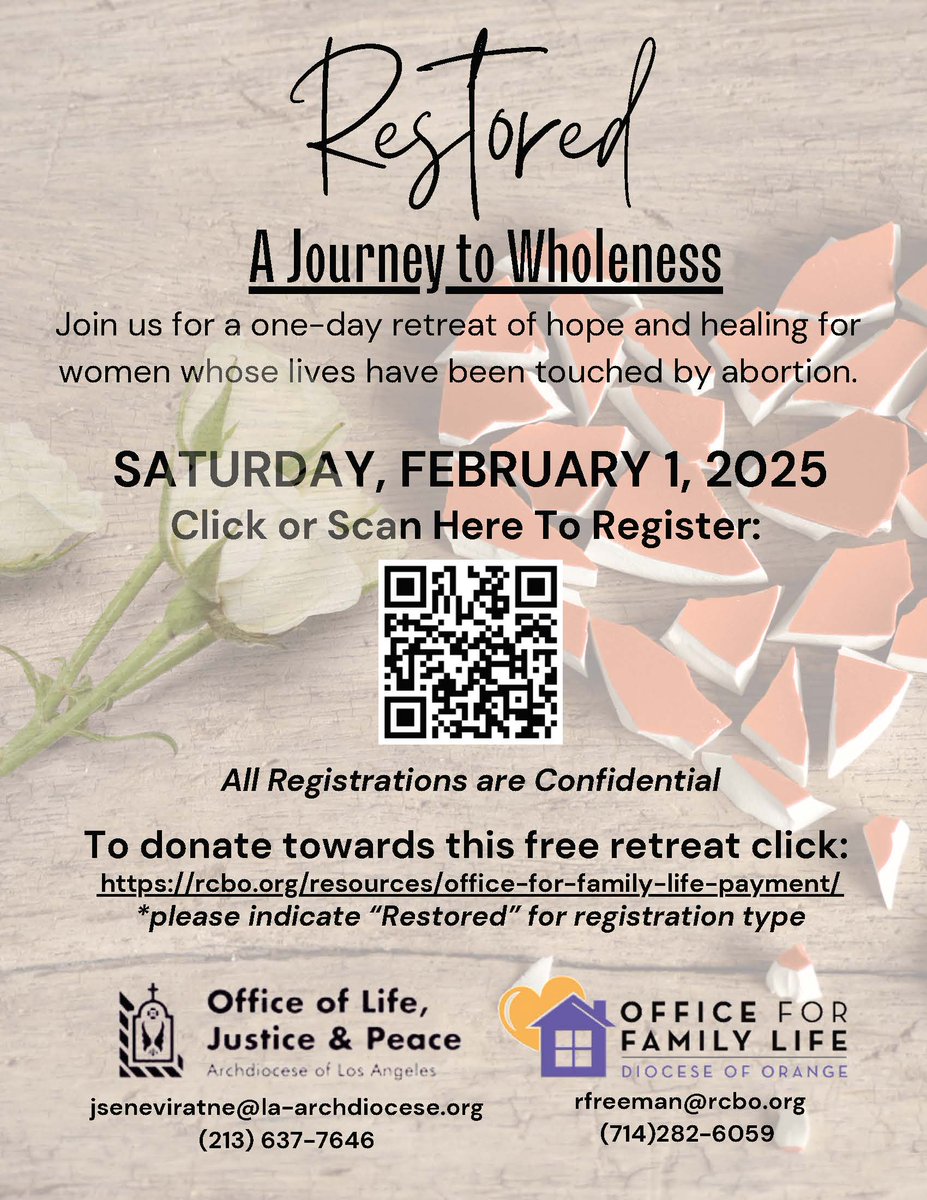 OLJPLA's tweet photo. Restored: A Journey to Wholeness!

Register English retreat on Feb. 1: https://t.co/Pamk5z6WqT retreat on March 15: https://t.co/jboi86DyNC

@OCFamilyLife #healingafterabortion #pastoralcare #accompaniment https://t.co/032WA5p2nR