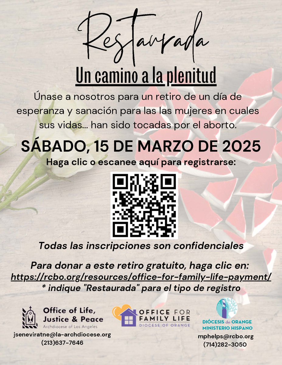 Restored: A Journey to Wholeness!

Register English retreat on Feb. 1: forms.office.com/r/wpyMdNNVyDSp… retreat on March 15: forms.office.com/r/egReCD8t5Y

<a href="/OCFamilyLife/">Diocese of Orange Office for Family Life</a> #healingafterabortion #pastoralcare #accompaniment