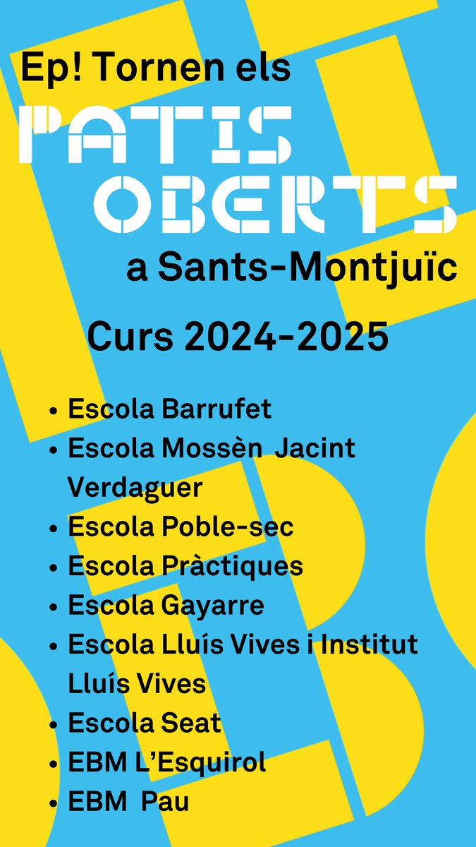 🌻 Els caps de setmana d'aquest curs a #SantsMontjuïc disposes de  9 #PatisOberts 
Veïnes i veïns! Veniu a jugar, aprendre i fer barri en aquests espais de trobada comunitària!

ℹ️ Tots els detalls: ajuntament.barcelona.cat/educacio/ca/pa…

#BCNCiutatEducadora