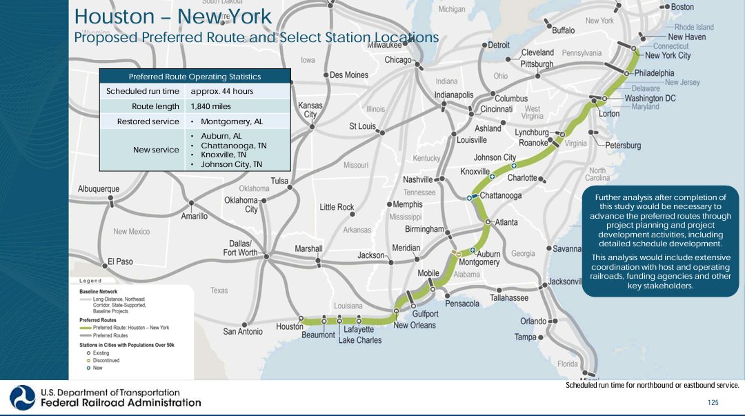 TrashPanda08x's tweet photo. ICYMI the FRA had completed their Amtrak Long Distance expansion study and will send the report off go congress:

The three highest rated routes where:

-New York to Houston

-Chicago to Miami

-New York to Dallas https://t.co/vQfgWPt8OS
