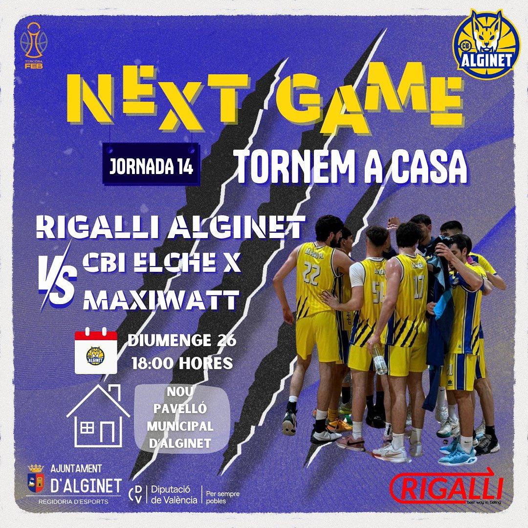 NEXT GAME🔥

La tornada a casa després de 3 mesos per les conseqüències de la DANA és una realitat🤩 

Partit davant el líder, al nostre temple i per a arrancar la segona volta de la temporada🙌

No podeu faltar🙌🏀