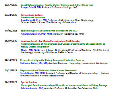 UAB Nephrology (@uab_nrtc) on Twitter photo @UAB_NRTCSpring 2025 Seminar Schedule👇👇 Seminars will be Hybrid (Zoom & in-person: KAUL 270) on Mondays at noon!! First seminar - Monday, January 27th! <a href="/Carmendemigue12/">Carmen De Miguel, PhD, MS, FAHA</a> <a href="/BeckerPhD/">Bryan Becker</a> <a href="/DrPaulKidney/">Paul Sanders</a>
<a href="/DrKeeksPhD/">Dr. Kelly Hyndman</a> <a href="/javo_neyra/">Javier Neyra</a> @UAB_NRTCSpring 2025 Seminar Schedule👇👇 Seminars will be Hybrid (Zoom & in-person: KAUL 270) on Mondays at noon!! First seminar - Monday, January 27th! <a href="/Carmendemigue12/">Carmen De Miguel, PhD, MS, FAHA</a> <a href="/BeckerPhD/">Bryan Becker</a> <a href="/DrPaulKidney/">Paul Sanders</a>
<a href="/DrKeeksPhD/">Dr. Kelly Hyndman</a> <a href="/javo_neyra/">Javier Neyra</a>