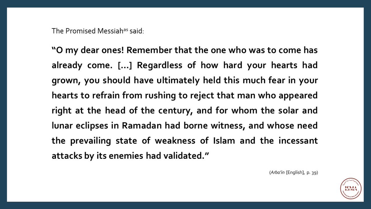 ISMACouncil's tweet photo. Hazrat Mirza Ghulam Ahmad (as), the Promised Messiah and Mahdi, declared that “the one who was to come has already come”:

Read here➡️https://t.co/66WPU3mnew https://t.co/qNXdvYHk1E