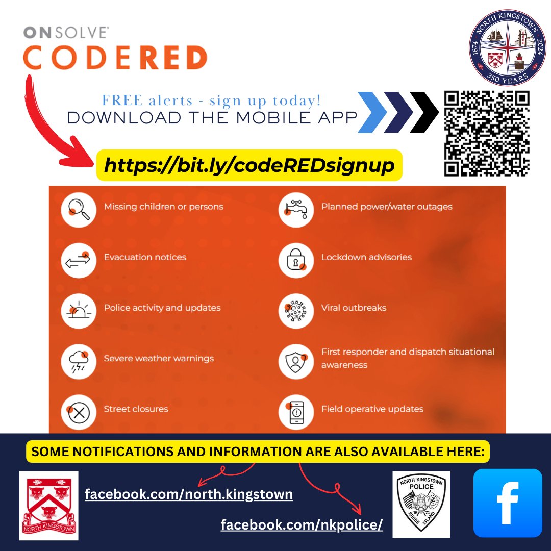 NorthKingstown's tweet image. #northkingstown sign up for a FREE CodeRED account through our website! It&apos;s how you can get official alerts in times of emergent need from @NKPD (i.e. severe weather, water outages, lockdowns or evacuations, etc.): bit.ly/codeREDsignup #emergencynotifications #stayinformed