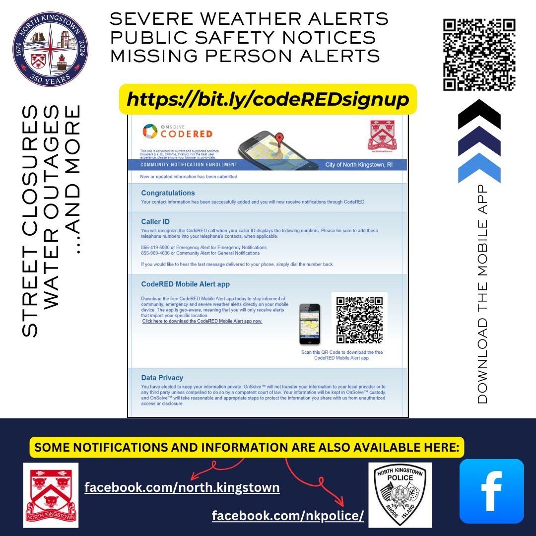 NorthKingstown's tweet image. #northkingstown sign up for a FREE CodeRED account through our website! It&apos;s how you can get official alerts in times of emergent need from @NKPD (i.e. severe weather, water outages, lockdowns or evacuations, etc.): bit.ly/codeREDsignup #emergencynotifications #stayinformed